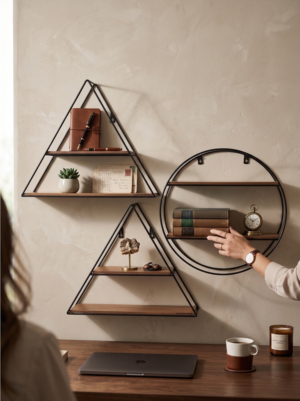 Black Metal and Wood Geometric Wall Shelves